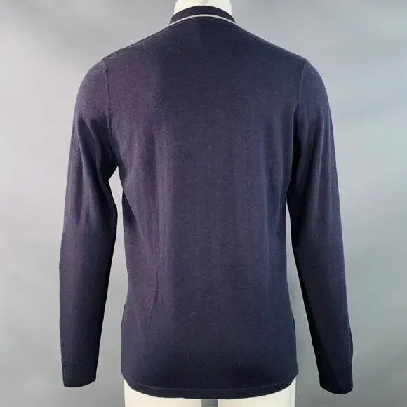 LANVIN Size M Navy Grey Pink Stripe Merino Wool Cotton Knit Long Sleeve Shirt